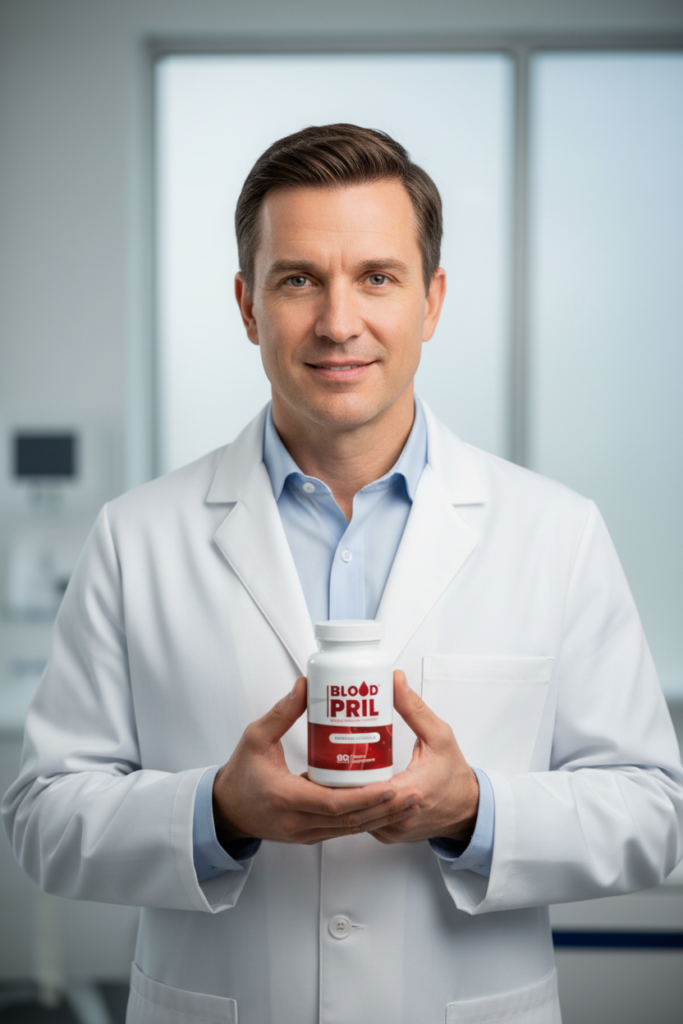 Doctor pointing to BloodPril® as a natural, no-prescription route to pressure balance